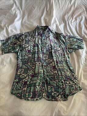 Vintage Impact - 100% Silk Shirt Mens M Purple Teal Vaporwave Abstract Geometric
